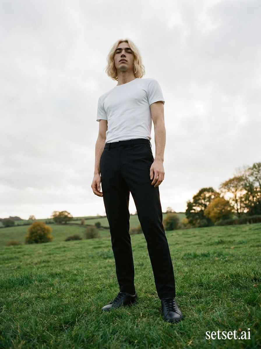 Minimalist men's spring outfit, white t-shirt and black pants, outdoor fashion shoot. Black tapered stretch and white crew shot heroic-low across cold green English pasture.