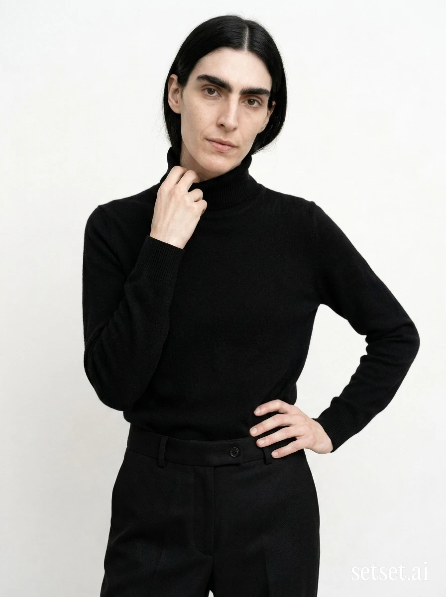 Men's winter fashion, black cashmere turtleneck and wool trousers, high-key studio photography. Black cashmere turtleneck and high-rise wool, weightless against airy lookbook white.