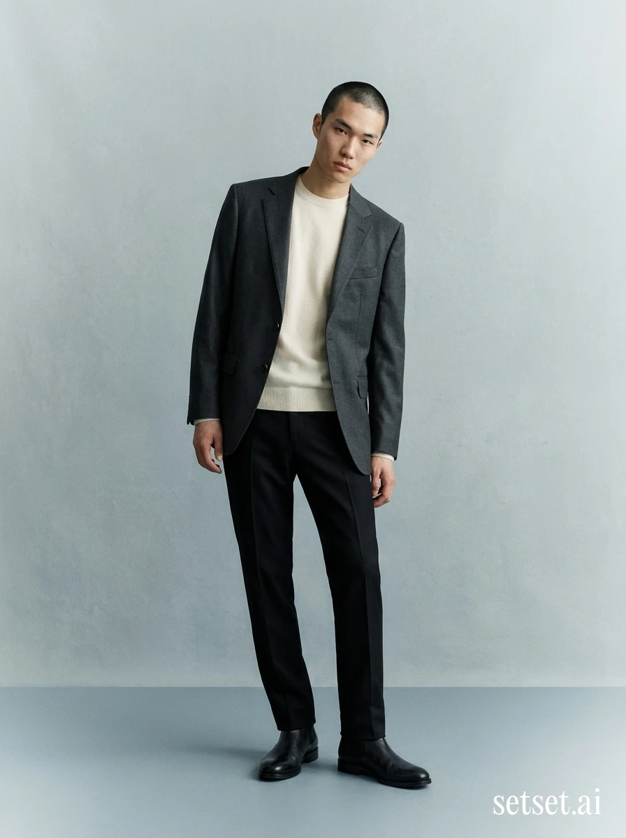 Men's spring fashion, charcoal blazer outfit, minimalist aesthetic. Ivory crew glowing under charcoal blazer, downtown gravity against cool steel-blue wall.