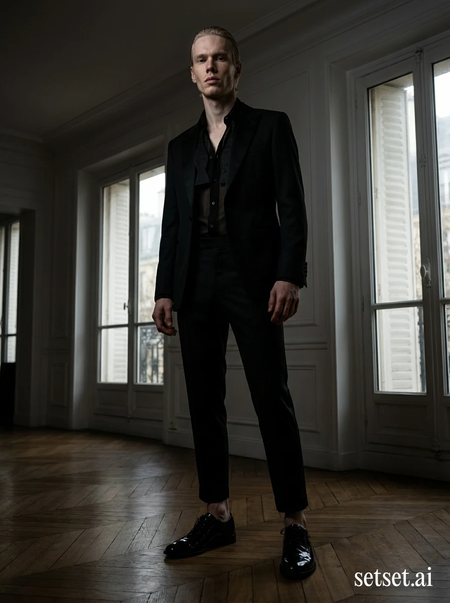 Men's formal tuxedo outfit, untied bow tie, Parisian apartment setting. Untied bow tie and bare ankles shot from low against a Parisian herringbone parquet.