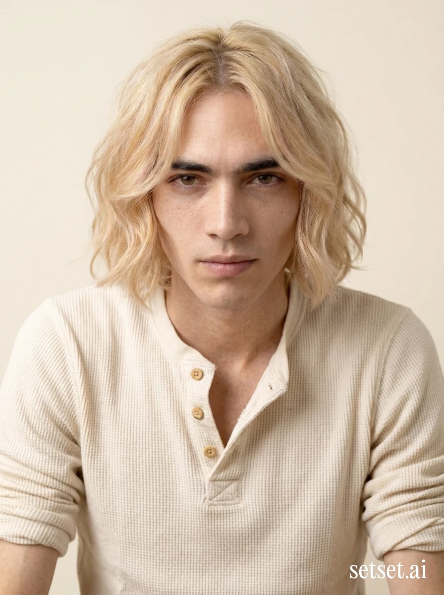 Men's summer cream waffle-knit henley and cord shorts outfit, high-key studio photography. Open henley and cord short rendered in warm cream, salt-air ease at high-key.