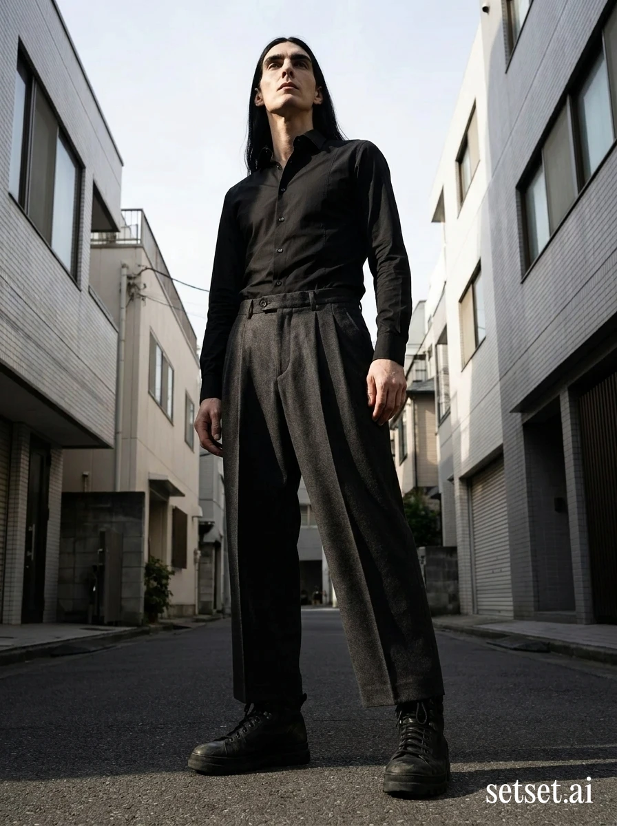 Men's minimalist fall fashion, black wide-leg trousers outfit, Tokyo street style. Soot-hooded layers and dropped wool low on the hips, low-angle in a quiet Tokyo lane.