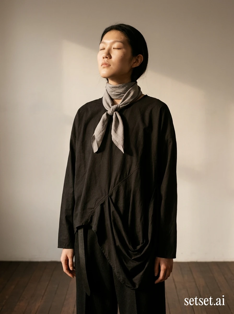 Painterly chiaroscuro fashion photography, women's asymmetric cowl-neck top outfit. Yamamoto cowl hem cascading off-shoulder over teak floor, eyes closed in painterly chiaroscuro.