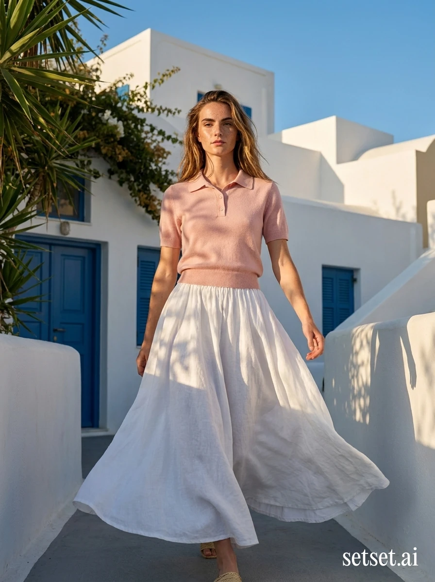 Spring fashion photography, women's cropped pink knit and linen maxi skirt. Cropped sugared-pink knit and voluminous raw-linen skirt walking whitewashed Greek wall.