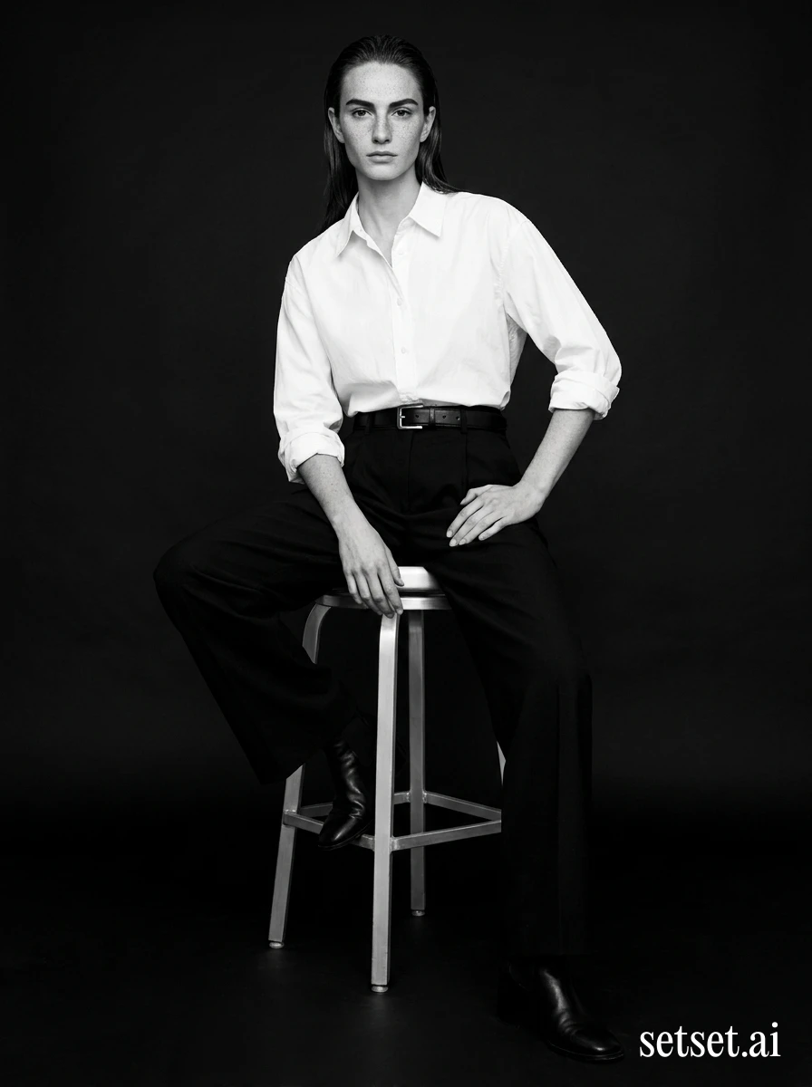 Monochrome studio fashion photography, women's crisp white shirt and wide-leg trousers. Crisp poplin and wide-leg wool in stark monochrome, aluminum stool and editorial composure.