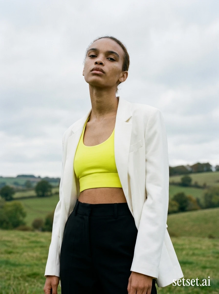 Women's bright yellow racerback top, cream blazer, outdoor summer fashion. Volt racerback as the only loud color across a cold cloud-washed English pasture.